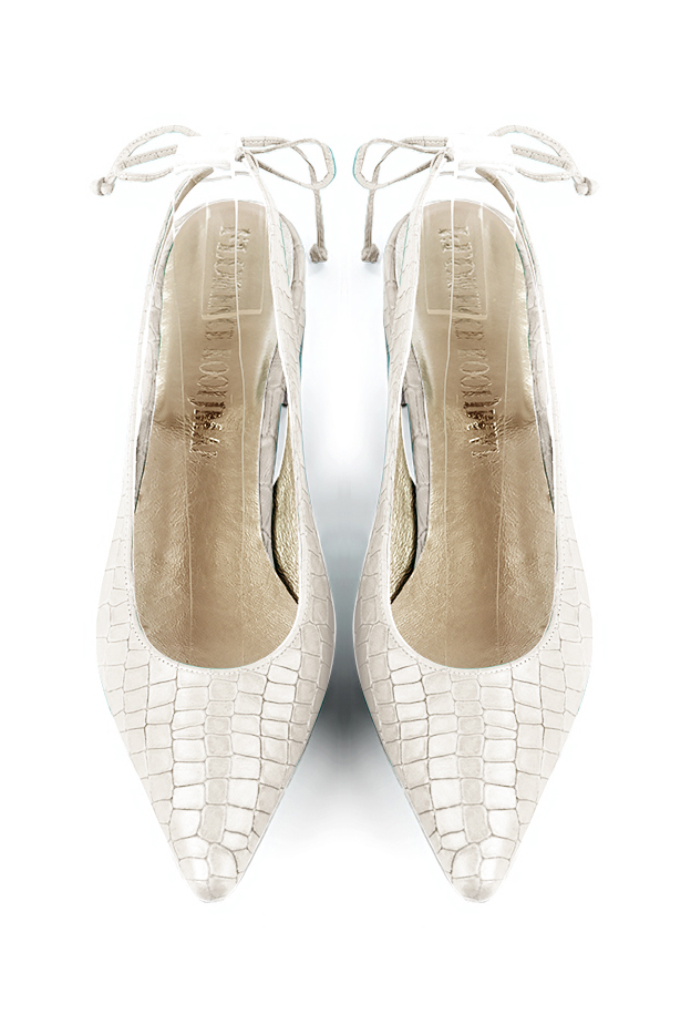 Women's off white elegant slingback heels. Pointed toe. Flat flare heels - Top view